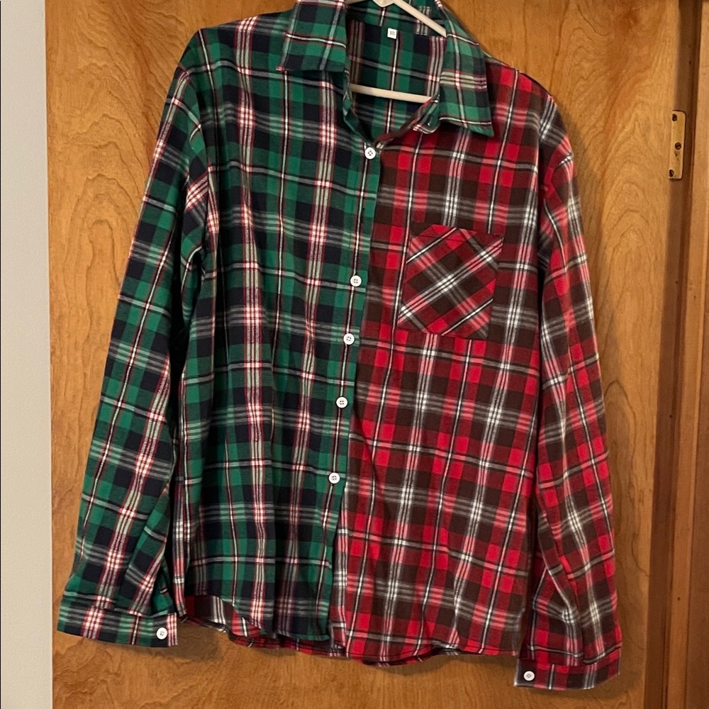 Women's Plaid Button-Down Shirt - Red and Green, XXL